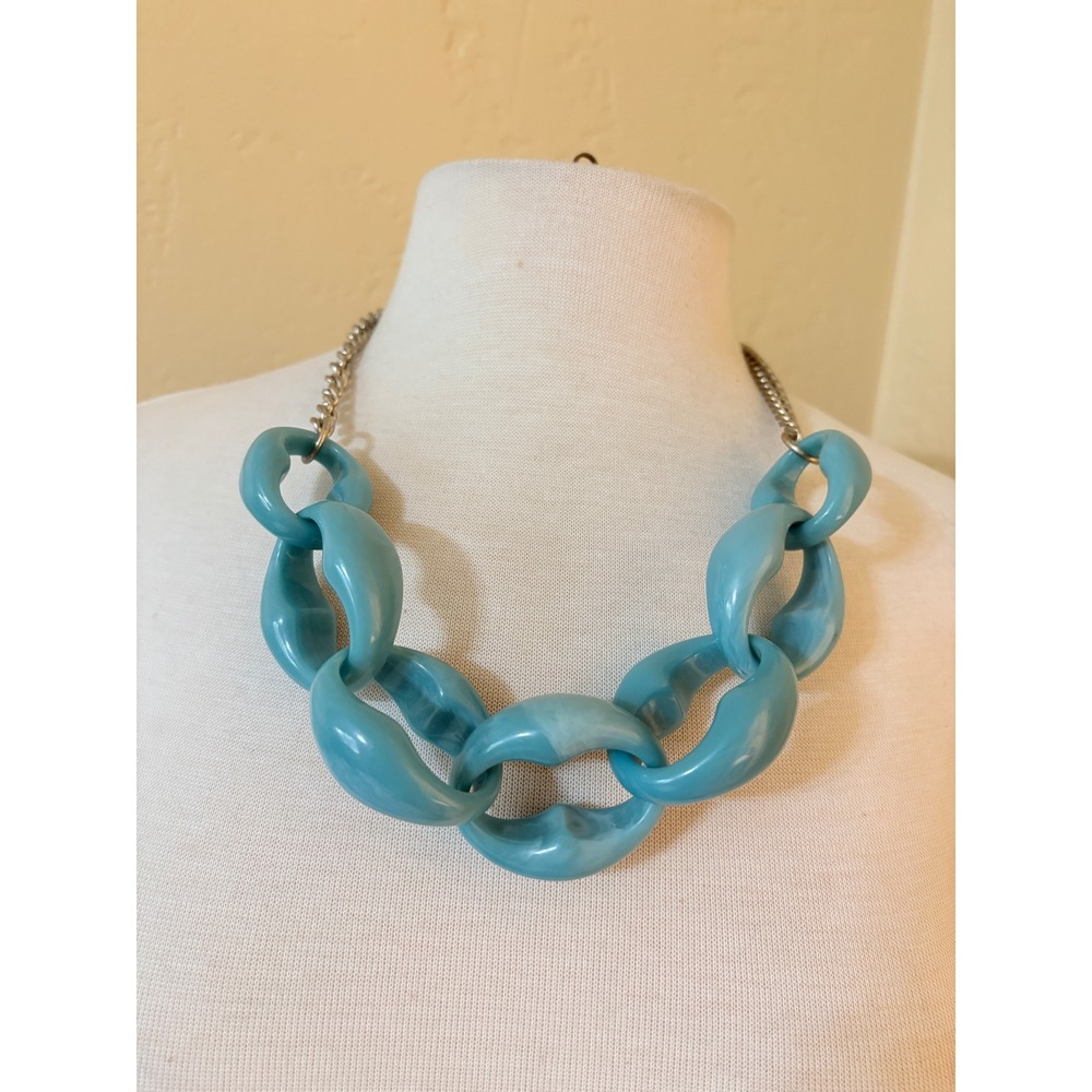 Loft Chunky Link Statement Necklace Teal Blue Acrylic Silver Tone Chain